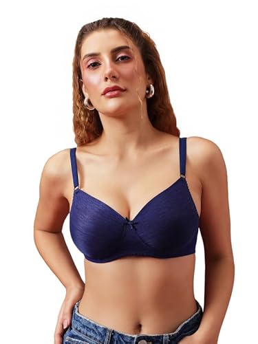 Clovia Women’s Navy Blue Printed T-Shirt Bra – Padded, Non-Wired, Full-Coverage Everyday Comfort